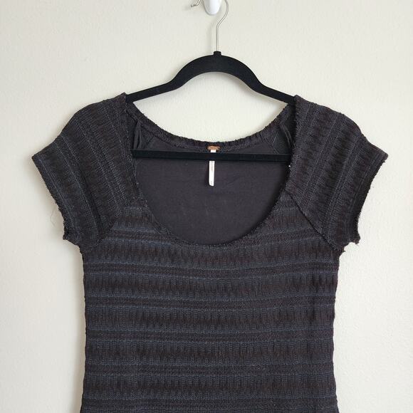 Free People Drop Waist Black Scoopneck Knit Short Sleeve Mini Dress Medium - Picture 3 of 9